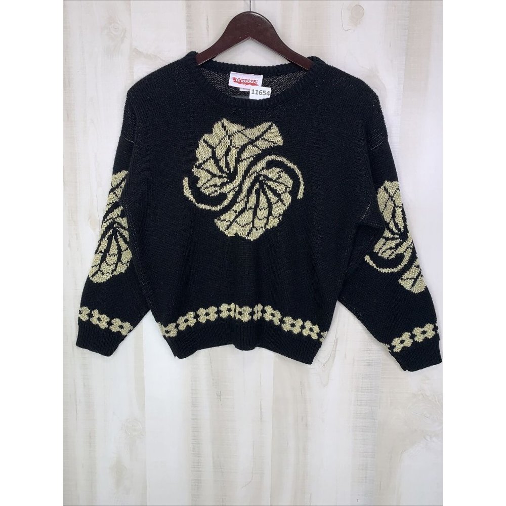 Vintage 80s 90s Black Gold Leaf Knit Womens Medium Sweater By Le Rouge USA